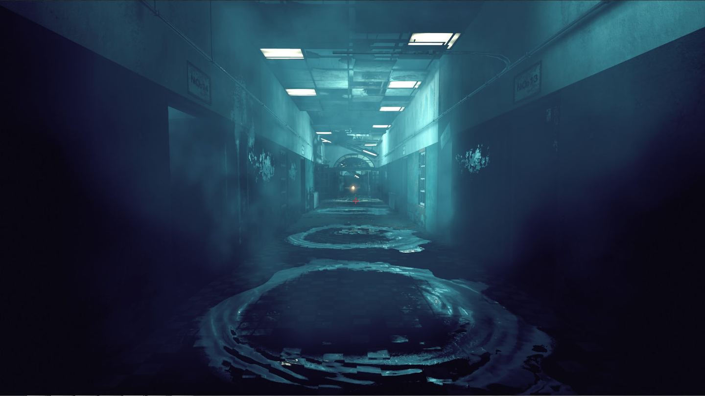 A dim teal corridor with a strange ripple on the floor in Mesel